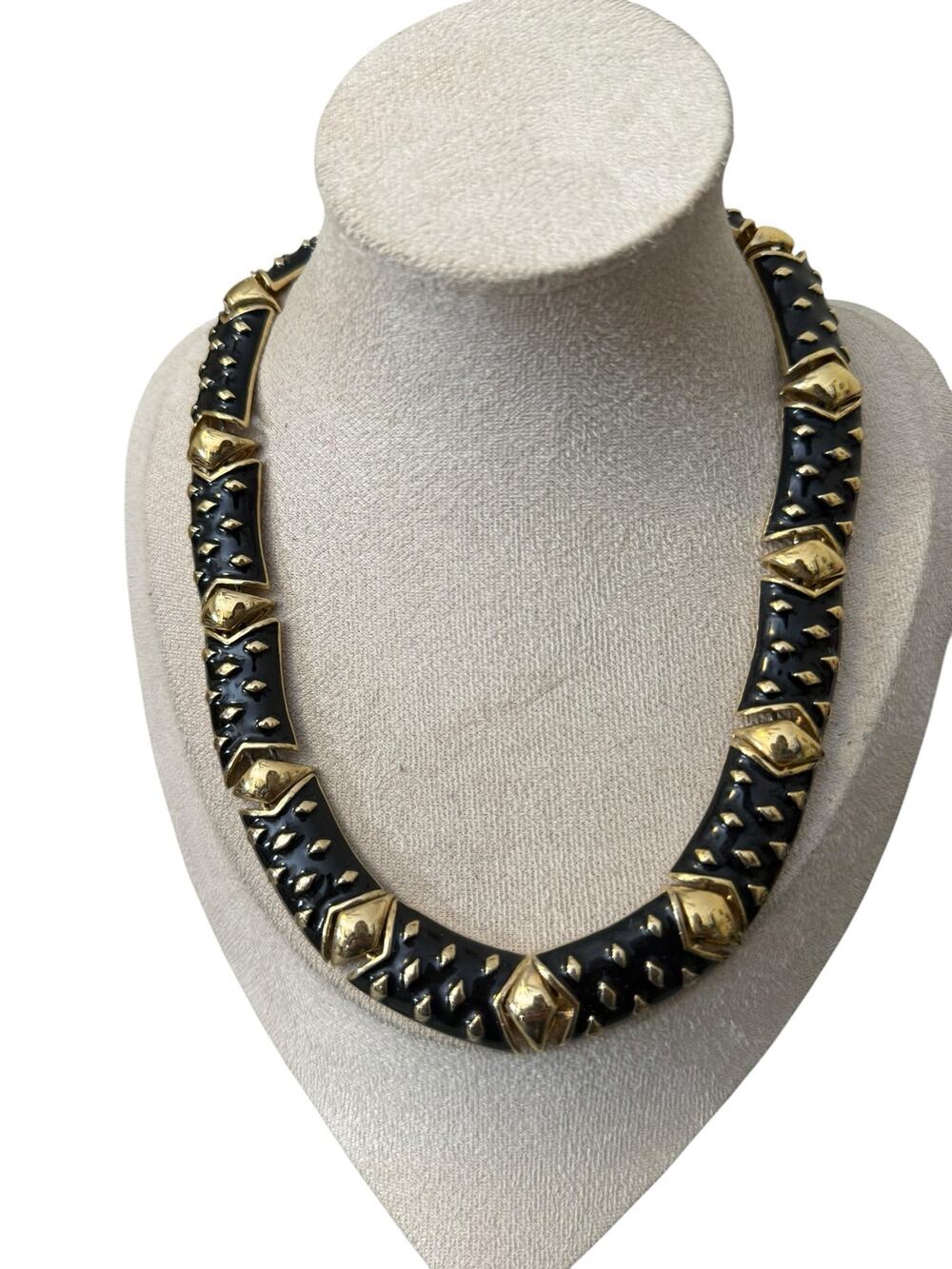 Vintage Erwin Pearl Black Enamel Goldtone Geometric Statement Collar Necklace